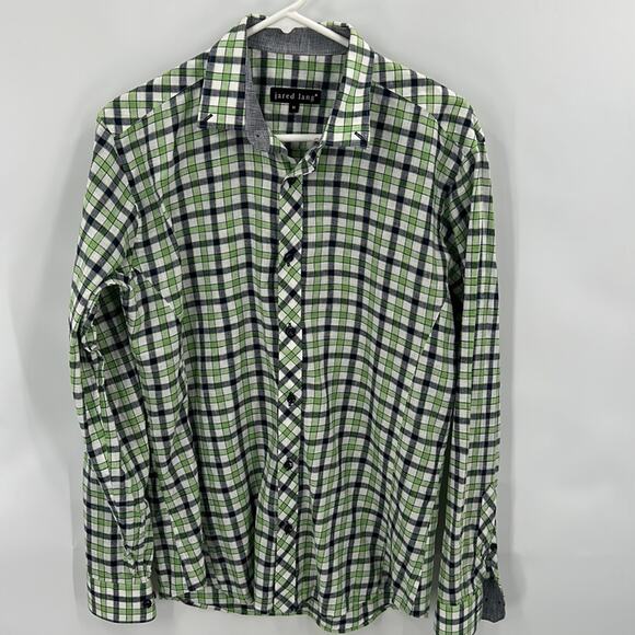Jared Lang Men's Green & Navy Long Sleeve Woven Button down Shirt Size Medium - Picture 1 of 10